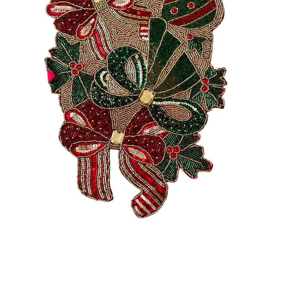 Nicole Miller Beaded Poinsettia Bow Table Runner 13x34 Pink Red Green New